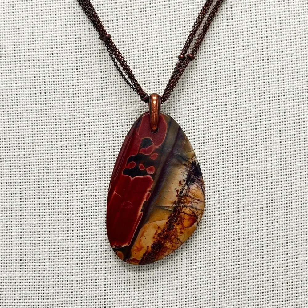 Artisan Made Adjustable Copper Multi-Strand Necklace Large Jasper Pendant Boho